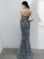 Sexy Glitter Oceaan Blauw Pailletten Avondjurken 2021 Trompet / Zeemeermin Spaghettibandjes Mouwloos Ruglooze Lange Gelegenheid Jurken