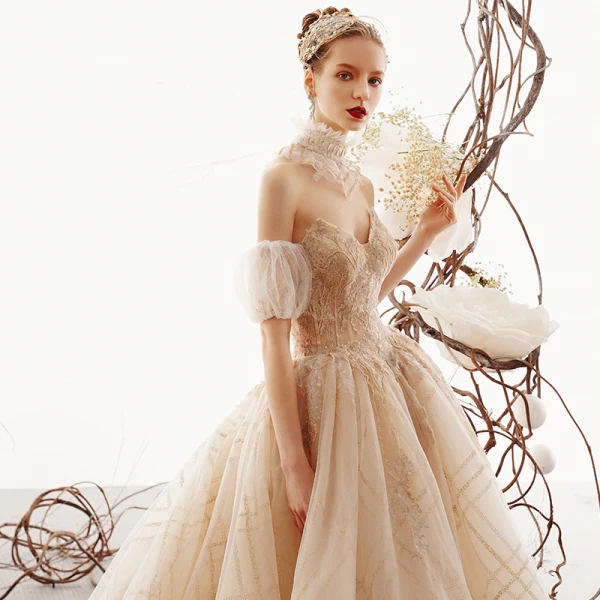 Charmant Champagne Robe De Mariée 2019 Princesse Amoureux Perlage En Dentelle Fleur Paillettes Sans Manches Dos Nu Cathedral Train
