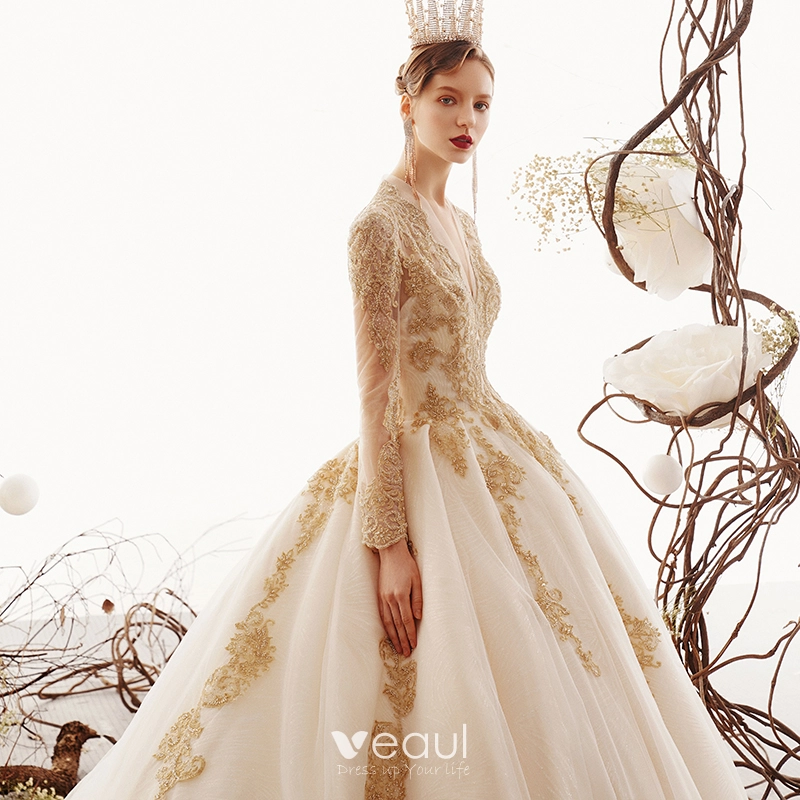 Luxury Gorgeous Champagne Wedding Dresses 2019 Ball Gown Deep V Neck Beading Lace Flower Long Sleeve Backless Cathedral Train Luxury Gorgeous Champagne Wedding Dresses 2019 Ball Gown Deep V Neck Beading Lace Flower Long Sleeve Backless Cathedral Train