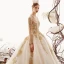 Luxus / Herrlich Champagner Brautkleider / Hochzeitskleider 2019 Ballkleid Tiefer V-Ausschnitt Perlenstickerei Spitze Blumen Lange Ärmel Rückenfreies Kathedrale Schleppe