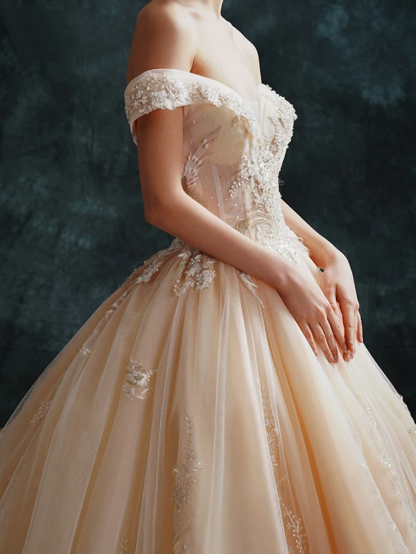 Luxe Champagne Robe De Mariée 2019 Robe Boule De l'épaule Perlage Perle En Dentelle Fleur Paillettes Manches Courtes Dos Nu Cathedral Train
