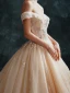 Luxe Champagne Robe De Mariée 2019 Robe Boule De l'épaule Perlage Perle En Dentelle Fleur Paillettes Manches Courtes Dos Nu Cathedral Train