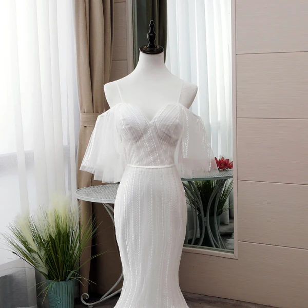 Élégant Blanche Robe De Mariée 2019 Trompette / Sirène Bretelles Spaghetti Paillettes Manches Courtes Dos Nu Cathedral Train