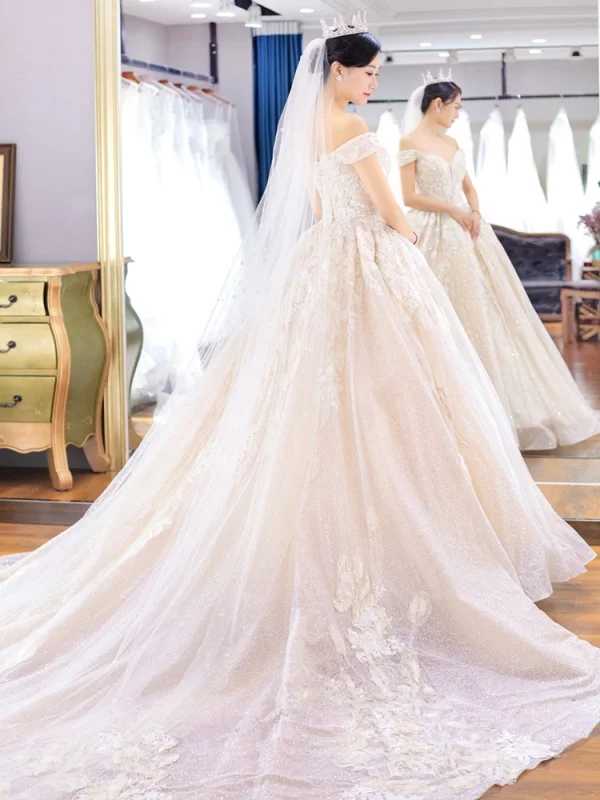 Luxe Champagne Robe De Mariée 2019 Robe Boule De l'épaule Perlage Perle Paillettes En Dentelle Fleur Manches Courtes Dos Nu Cathedral Train