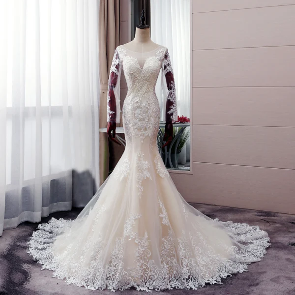 Sexy Champagne Wedding Dresses 2019 Trumpet / Mermaid Scoop Neck Sequins Pearl Lace Flower Long Sleeve Backless Court Train