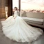 Elegant Ivory Wedding Dresses 2019 A-Line / Princess Scoop Neck Beading Pearl Sequins Lace Flower 3/4 Sleeve Cathedral Train