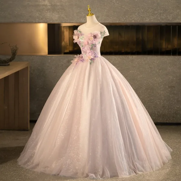 Flower Fairy Champagne Sequins Appliques Prom Dresses 2026 Ball Gown Scoop Neck Sleeveless Backless Floor-Length / Long Formal Dresses