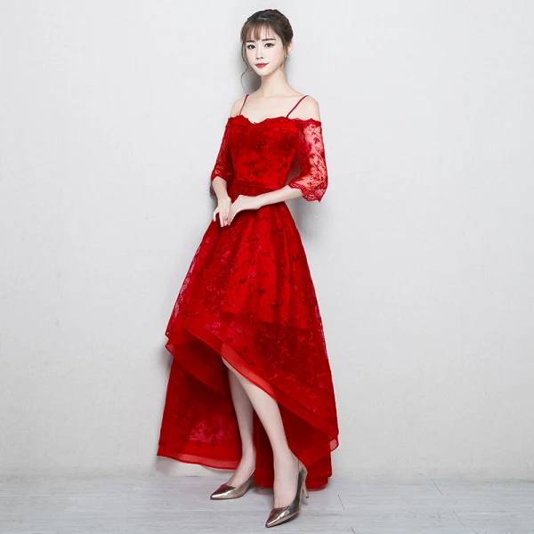 Chic / Belle Bordeaux Robe De Soirée 2018 Princesse En Dentelle Fleur Bretelles Spaghetti Dos Nu 3/4 Manches Asymétrique Robe De Ceremonie