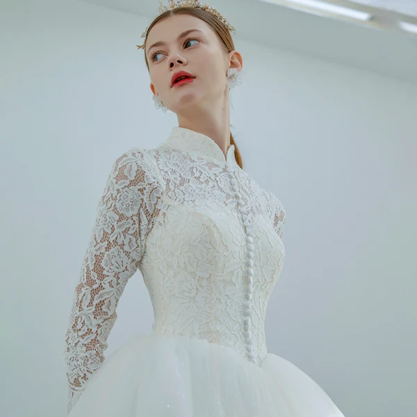 Elegant Ivory Wedding Dresses 2019 A-Line / Princess High Neck Lace Flower Buttons 3/4 Sleeve Chapel Train