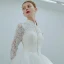 Elegant Ivory Wedding Dresses 2019 A-Line / Princess High Neck Lace Flower Buttons 3/4 Sleeve Chapel Train