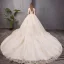 Elegante Champagner Brautkleider / Hochzeitskleider 2019 Ballkleid Off Shoulder Perlenstickerei Perle Spitze Blumen Pailletten Kurze Ärmel Rückenfreies Kathedrale Schleppe