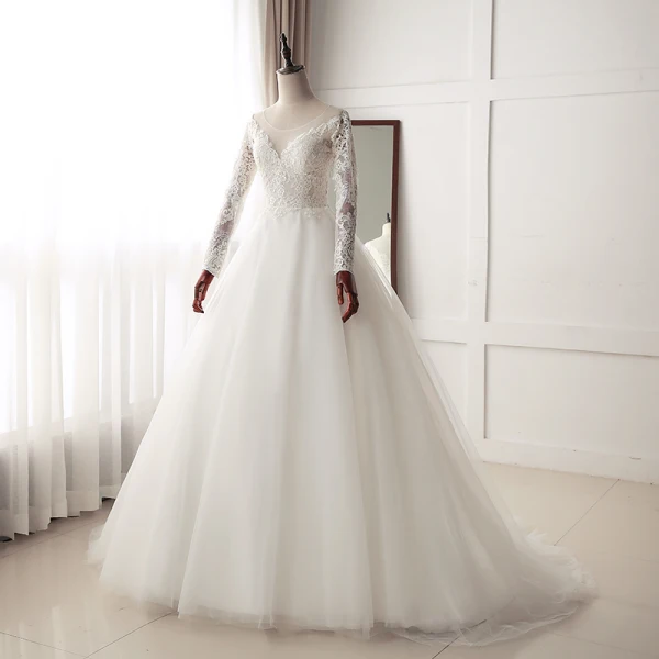 Chic / Beautiful Ivory Wedding Dresses 2019 A-Line / Princess Scoop Neck Buttons Lace Flower Long Sleeve Sweep Train