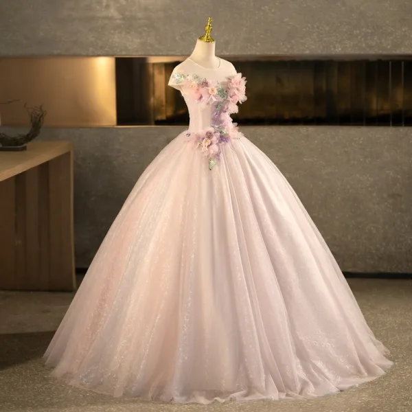 Flower Fairy Champagne Sequins Appliques Prom Dresses 2026 Ball Gown Scoop Neck Sleeveless Backless Floor-Length / Long Formal Dresses