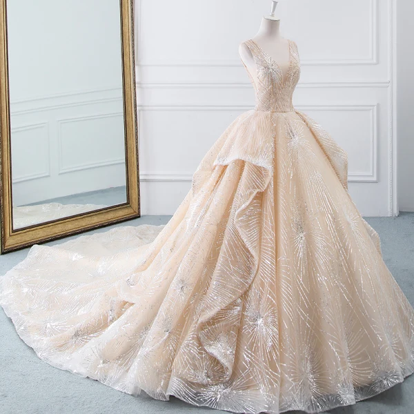 Luxury / Gorgeous Champagne Wedding Dresses 2019 A-Line / Princess V-Neck Sequins Cascading Ruffles Sleeveless Backless Cathedral Train