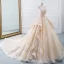 Luxury / Gorgeous Champagne Wedding Dresses 2019 A-Line / Princess V-Neck Sequins Cascading Ruffles Sleeveless Backless Cathedral Train