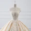 Luxury / Gorgeous Champagne Wedding Dresses 2019 A-Line / Princess High Neck Beading Pearl Crystal Lace Flower Sleeveless Backless Cathedral Train