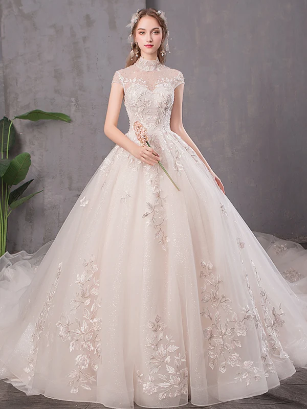 Chic / Beautiful Champagne Wedding Dresses 2019 A-Line / Princess High Neck Appliques Lace Flower Beading Pearl Sequins Cap Sleeves Backless Cathedral Train