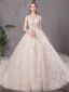 Chic / Beautiful Champagne Wedding Dresses 2019 A-Line / Princess High Neck Appliques Lace Flower Beading Pearl Sequins Cap Sleeves Backless Cathedral Train