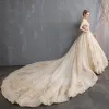 Audrey Hepburn Style Champagne Wedding Dresses 2019 A-Line / Princess Off-The-Shoulder Beading Pearl Lace Flower Short Sleeve Backless Cathedral Train