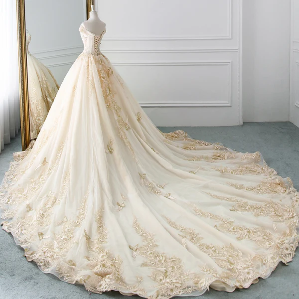 Charming Champagne Wedding Dresses 2019 A-Line / Princess Off-The-Shoulder Rhinestone Lace Flower Short Sleeve Backless Cathedral Train