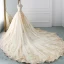 Charming Champagne Wedding Dresses 2019 A-Line / Princess Off-The-Shoulder Rhinestone Lace Flower Short Sleeve Backless Cathedral Train