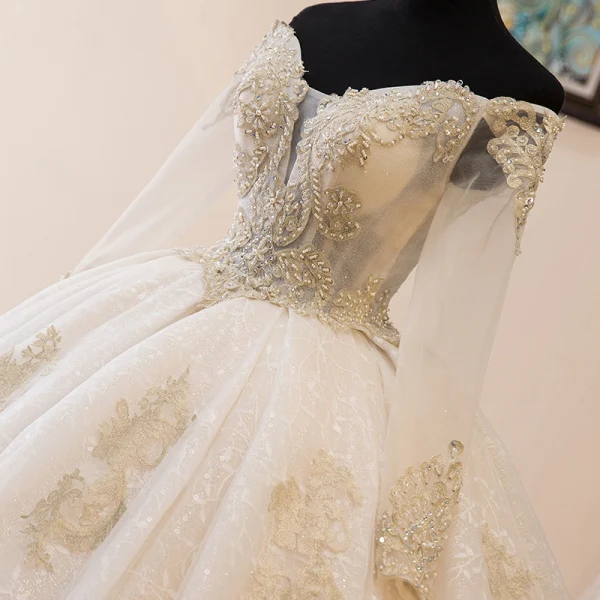 Elegant Champagne Wedding Dresses 2019 Ball Gown Off-The-Shoulder Beading Crystal Rhinestone Pearl Lace Flower Long Sleeve Backless Cathedral Train