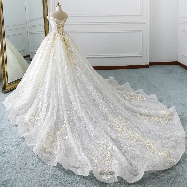 Elegant Champagne Wedding Dresses 2019 A-Line / Princess Off-The-Shoulder Sequins Lace Flower Short Sleeve Backless Cathedral Train