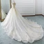 Elegant Champagne Wedding Dresses 2019 A-Line / Princess Off-The-Shoulder Sequins Lace Flower Short Sleeve Backless Cathedral Train