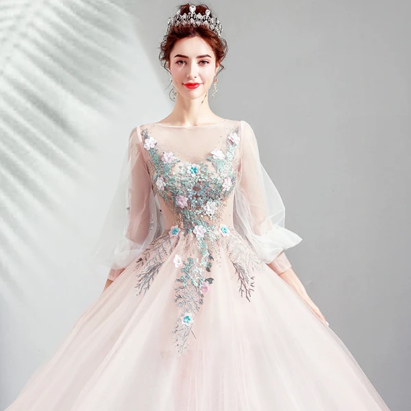 Elegant Blushing Pink Prom Dresses 2019 A-Line / Princess Scoop Neck Embroidered Appliques Pearl Rhinestone 3/4 Sleeve Sweep Train Formal Dresses