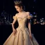 Luxury / Gorgeous Champagne Wedding Dresses 2019 A-Line / Princess Off-The-Shoulder Lace Flower Appliques Crystal Pearl Rhinestone Sequins Short Sleeve Backless Cathedral Train