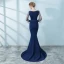 Chic / Belle Bleu Marine Robe De Soirée 2018 Trompette / Sirène Perlage Gland 3/4 Manches Encolure Dégagée Train De Balayage Robe De Ceremonie