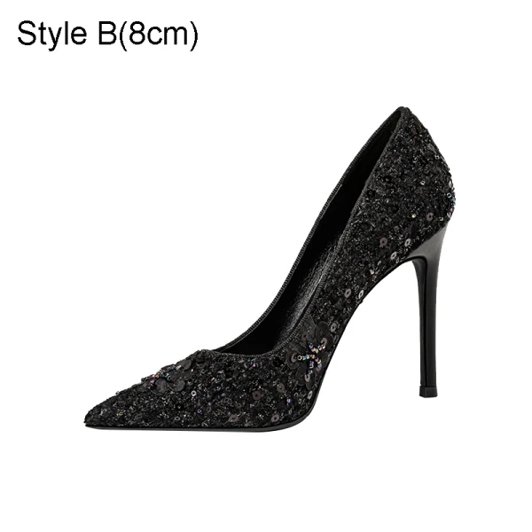 Charmant Noire Soirée Paillettes Escarpins 2021 10 cm Talons Aiguilles Cuir À Bout Pointu Escarpins Talons Hauts