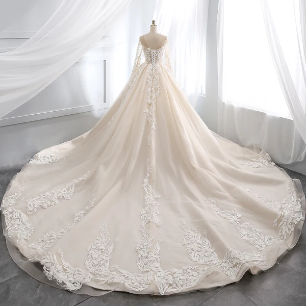 Chic / Beautiful Champagne Wedding Dresses 2019 A-Line / Princess Scoop Neck Lace Flower Appliques Beading Pearl Sequins Long Sleeve Backless Cathedral Train