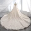 Chic / Beautiful Champagne Wedding Dresses 2019 A-Line / Princess Scoop Neck Lace Flower Appliques Beading Pearl Sequins Long Sleeve Backless Cathedral Train