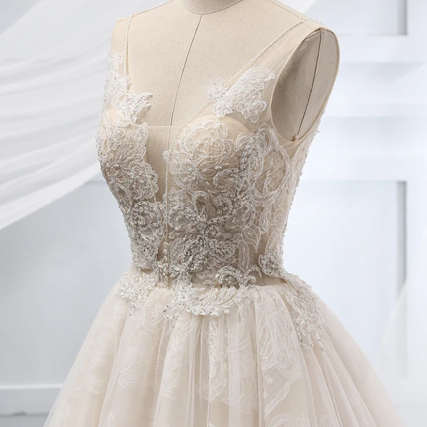 Chic / Beautiful Champagne Wedding Dresses 2019 A-Line / Princess Deep V-Neck Beading Lace Flower Short Sleeve Backless Chapel Train