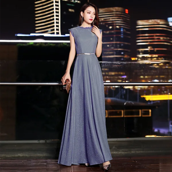 Chic / Beautiful Blushing Pink Evening Dresses 2019 A-Line / Princess Scoop Neck Glitter Polyester Sash Sleeveless Floor-Length / Long Formal Dresses