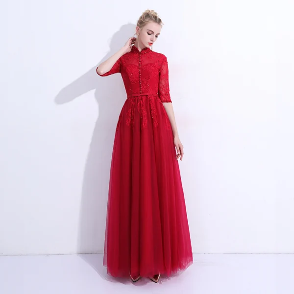Chinese style Burgundy Evening Dresses 2019 A-Line / Princess High Neck Lace Flower Crystal Sequins Bow 1/2 Sleeves Backless Floor-Length / Long Formal Dresses