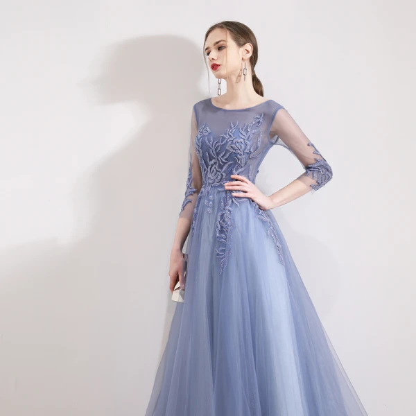 Chic / Beautiful Sky Blue Evening Dresses  2019 A-Line / Princess Scoop Neck Beading Sequins Lace Flower 3/4 Sleeve Floor-Length / Long Formal Dresses