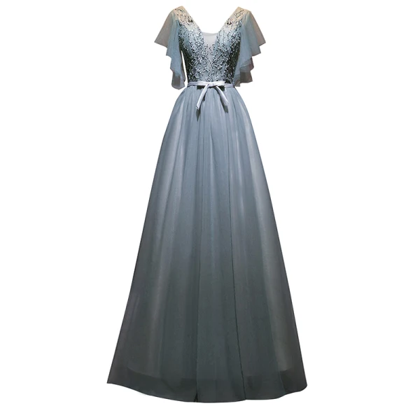 Elegant Sage Green Evening Dresses 2019 A-Line / Princess V-Neck Beading Sequins Lace Flower Bow Short Sleeve Backless Floor-Length / Long Formal Dresses