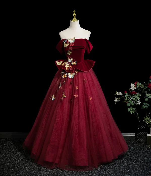 Elegant Burgundy Appliques 3D Lace Butterfly Prom Dresses 2025 Ball Gown Off-The-Shoulder Short Sleeve Backless Floor-Length / Long Formal Dresses