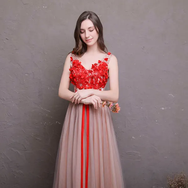 Chic / Beautiful Red Prom Dresses 2018 A-Line / Princess Appliques Crystal Bow V-Neck Backless Sleeveless Floor-Length / Long Formal Dresses