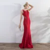 Chic / Beautiful Burgundy Evening Dresses  2019 Trumpet / Mermaid Scoop Neck Beading Pearl Sleeveless Backless Floor-Length / Long Formal Dresses