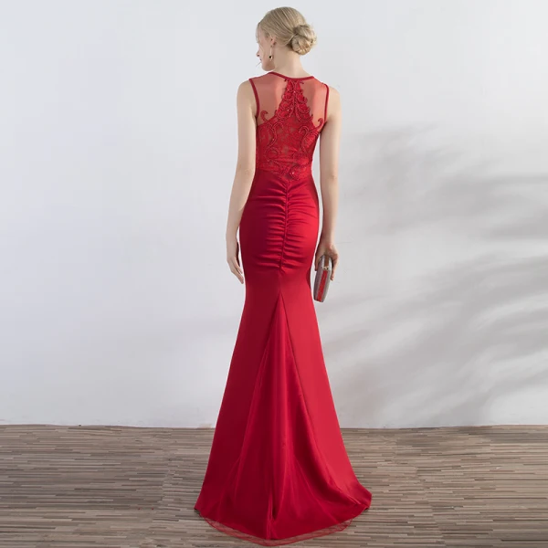 Chic / Belle Bordeaux Robe De Soirée 2019 Trompette / Sirène V-Cou En Dentelle Perlage Perle Sans Manches Longue Robe De Ceremonie