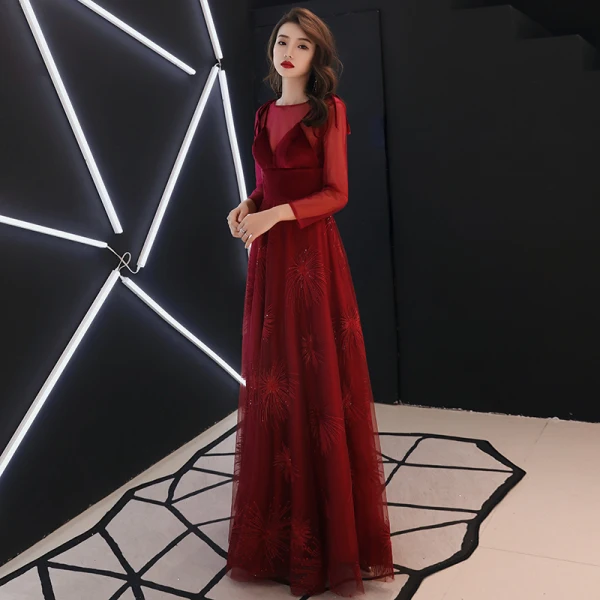 Elegant Burgundy Evening Dresses 2019 A-Line / Princess Scoop Neck Suede Bow Sequins Long Sleeve Backless Floor-Length / Long Formal Dresses