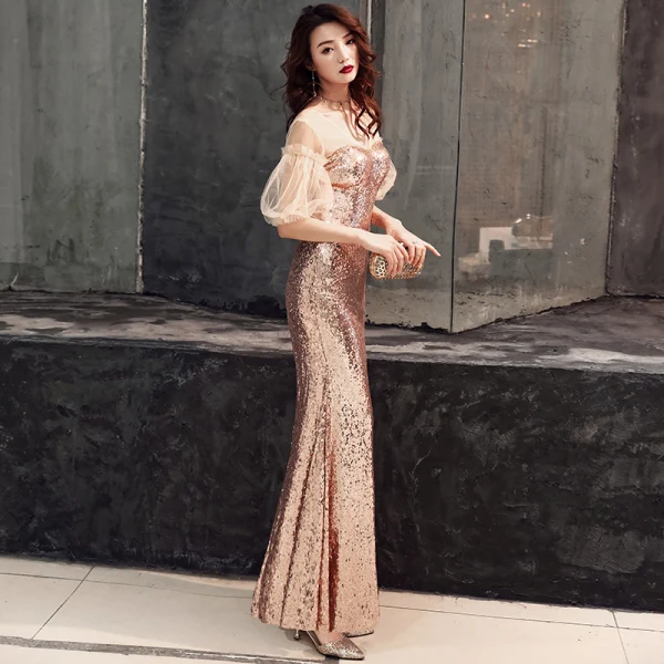 Sparkly Gold Evening Dresses  2019 Trumpet / Mermaid V-Neck Sequins Puffy Short Sleeve Backless Floor-Length / Long Formal Dresses