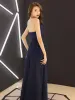 Chic / Beautiful Navy Blue Mother Of The Bride Dresses With Shawl 2019 A-Line / Princess Strapless Crystal Lace Flower Tassel Sleeveless Backless Floor-Length / Long