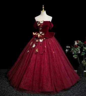 Elegantes Borgoña Apliques Encaje 3 D Mariposa Vestidos De Gala 2025 Ball Gown Fuera Del Hombro Manga Corta Sin Espalda Largos Vestidos Formales