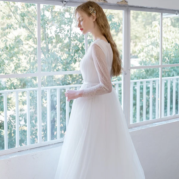Simple Ivoire Robe De Mariée 2021 Princesse Encolure Dégagée Noeud En Dentelle Fleur Manches Longues Tribunal Train Mariage