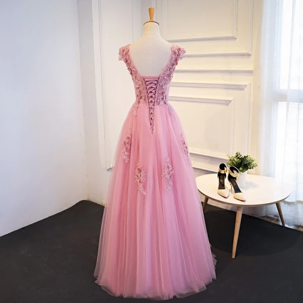 Chic / Belle Rose Bonbon Robe De Bal 2018 Princesse En Dentelle Appliques Paillettes Encolure Dégagée Dos Nu Sans Manches Longue Robe De Ceremonie