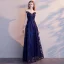 Chic / Beautiful Navy Blue Evening Dresses  2019 A-Line / Princess Scoop Neck Beading Sequins Lace Flower Sash Short Sleeve Backless Floor-Length / Long Formal Dresses